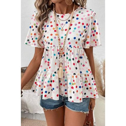 White Colorful Polka Dot Short Sleeve Tiered Ruffled Babydoll Blouse