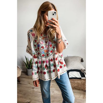 White Boho Floral Print Round Neck Ruffle Trim Blouse