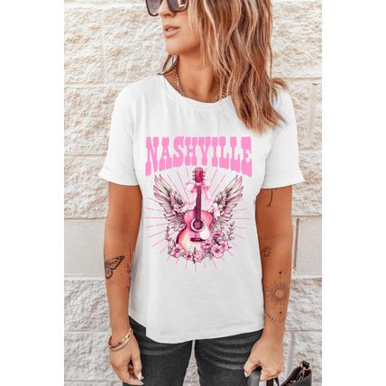 White NASHVILLE Guitar Graphic Music Festival T Shirt