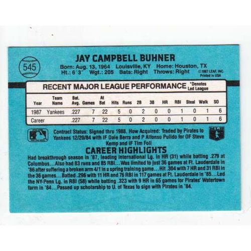 1988 Donruss Jay Buhner RC baseball rookie card #545 –Yankees