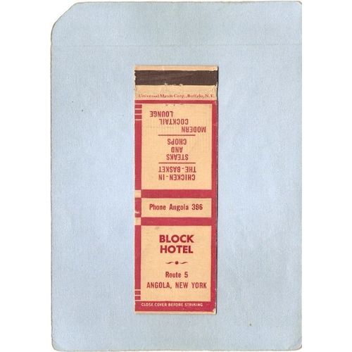New York Angola Matchcover Block Hotel Rt 5 w/Very Low Phone Number ny_box~2350