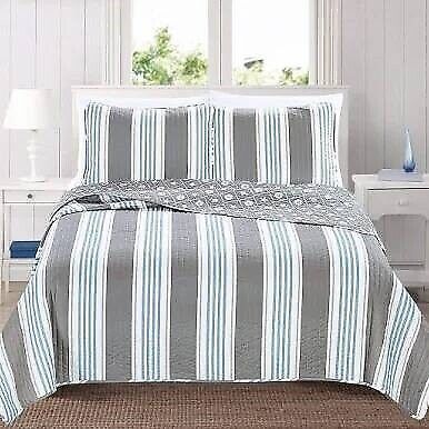 Full/Queen 3 Piece Coastal Starfish Sand Dollar Grey Blue White Quilt Set