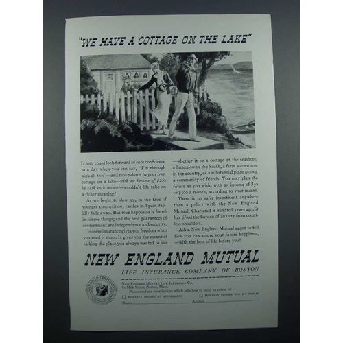 1935 New England Mutual Insurance Ad - Cottage on Lake