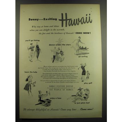 1949 Hawaii Visitors Bureau Ad - Sunny exciting Hawaii Why stay at home