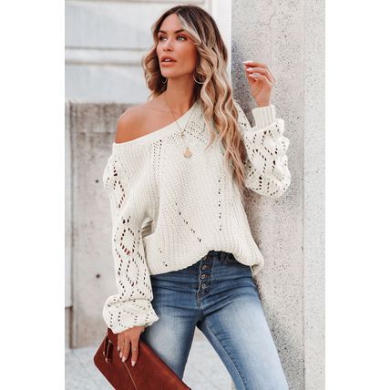 White Hollow-out Puffy Sleeve Knit Sweater