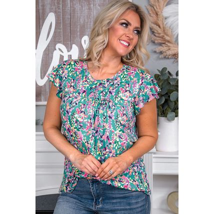 Sky Blue Floral Print Ruffled Short Sleeve Babydoll Top