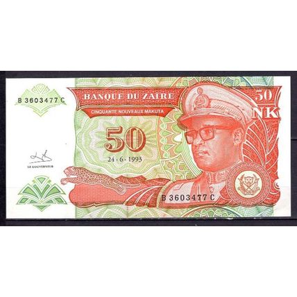 ZAIRE BILLET DE BANQUE 50 NOUVEAUX MAKUTA 1993 PICK 51 NEUF