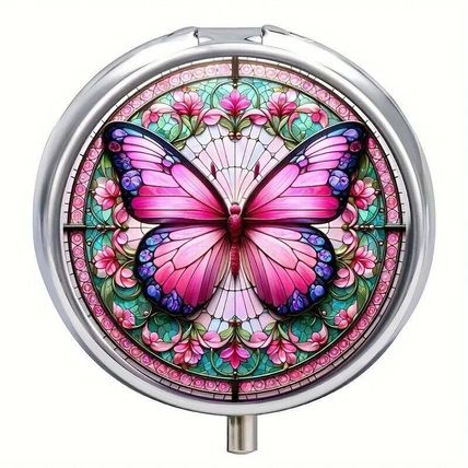 Beautiful Butterfly-Themed Round Pill Box Metal 3 Compartment/ Mirror Pill Box