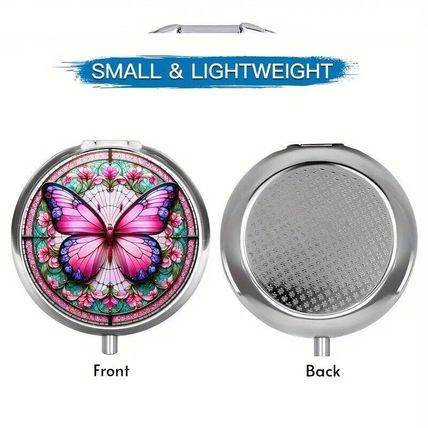 Beautiful Butterfly-Themed Round Pill Box Metal 3 Compartment/ Mirror Pill Box