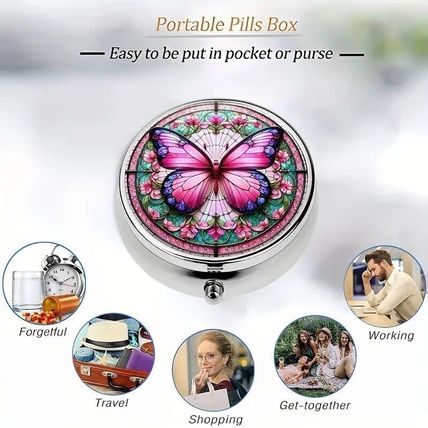Beautiful Butterfly-Themed Round Pill Box Metal 3 Compartment/ Mirror Pill Box