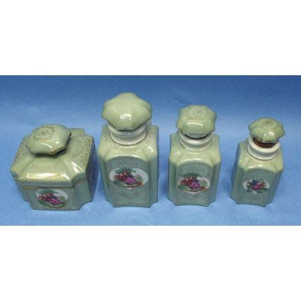 Vintage Green Porcelain Vanity Dresser 4 Pc Set Hand Painted Flowers Man Woman