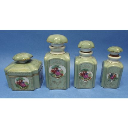 Vintage Green Porcelain Vanity Dresser 4 Pc Set Hand Painted Flowers Man Woman