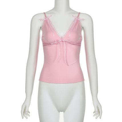 Ribbons Bow Patchwork Lace Crop Top Pink Coquette Aesthetic Slim-fit V-neck