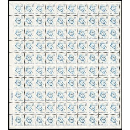 2182, 25¢ Jack London Complete Pane of 100 Stamps CV $72.50 - Stuart Katz