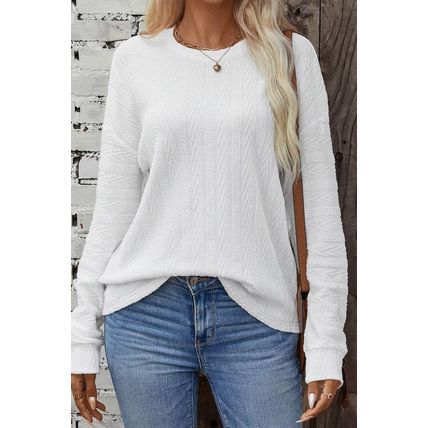 White Round Neck Drop Shoulder Textured Knit Top