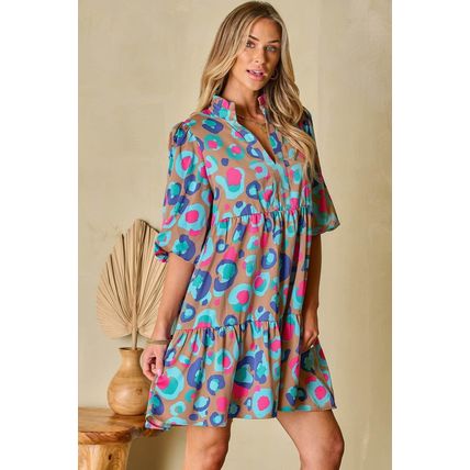 Green Leopard Print Bubble Sleeve Slit Neck Ruffled Dress