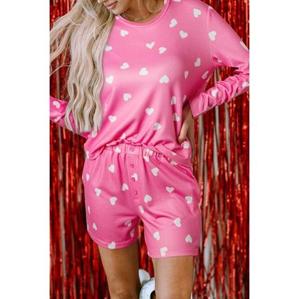 Pink Valentine Heart Print Long Sleeve Tee and Shorts Lounge Set