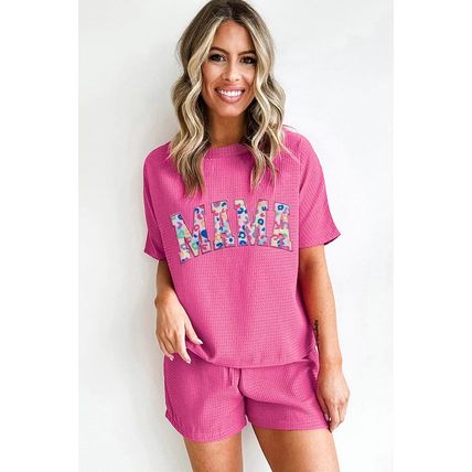 Rose Red MAMA Embroidered Leopard Letters Waffle Short Set