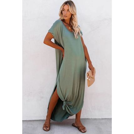 Grass Green V Neck Hidden Pocket Splits Maxi T-shirt Dress