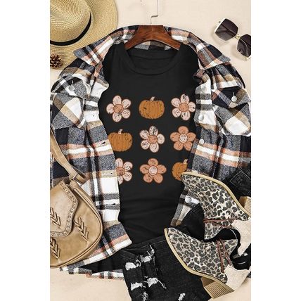 Black Pumpkin Flower Print Short Sleeve Graphic Top