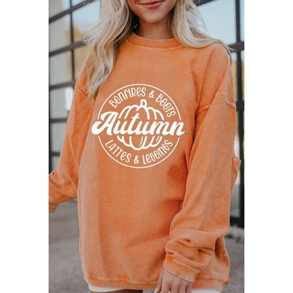 Orange Autumn Pumpkin Graphic Print Corded Oversized Sweatshirt