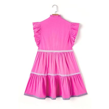 Strawberry Pink Ric Rac Colorblock Flutter Sleeve V Neck Tiered Dress
