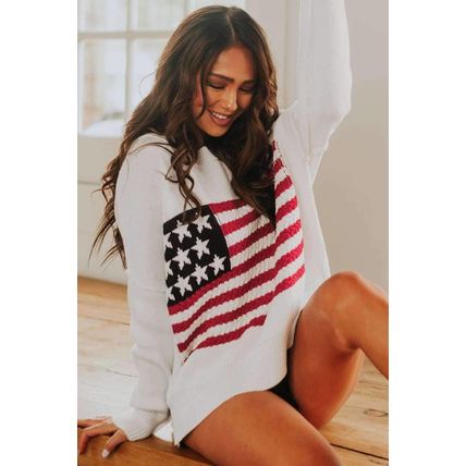 White American Flag Cable Knit Drop Shoulder Sweater