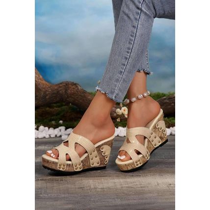 Beige Cut Out Studded Leather Platform Slippers