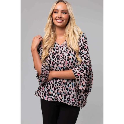 Pink Multicolor Leopard Print V Neck Oversized Blouse