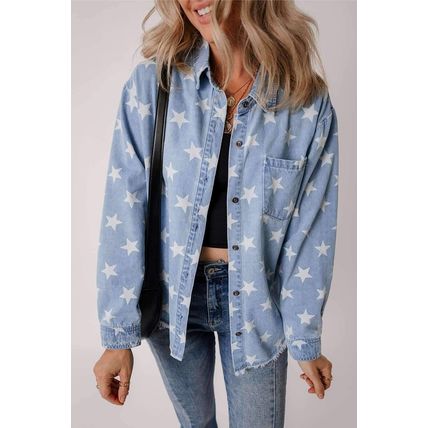 Sky Blue Star Print Light Wash Raw Hem Denim Jacket