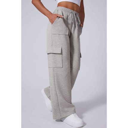 Light Grey Multi Pockets Lace-up High Waist Wide Leg Workout Pants