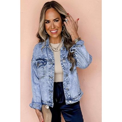 Beau Blue Vintage Washed Flap Pockets Denim Jacket