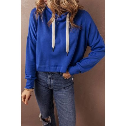Dark Blue Solid Drop Shoulder Drawstring Cropped Hoodie