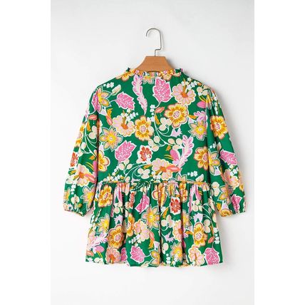 Green Floral Puff Sleeve V Neck Peplum Blouse