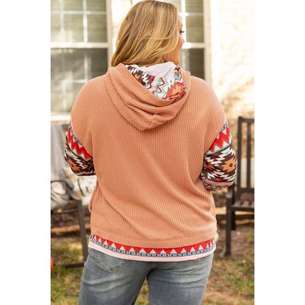 Khaki Aztec Patchwork Waffle Knit Plus Size Hoodie