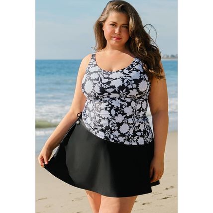 Black Plus Size Printed Square Neck Drawstring Ruffled Tankini Set