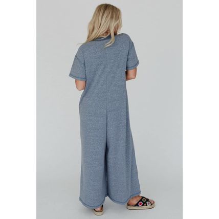 Beau Blue Half Placket Chest Pockets Short Sleeve Wide Leg Jumpsuit