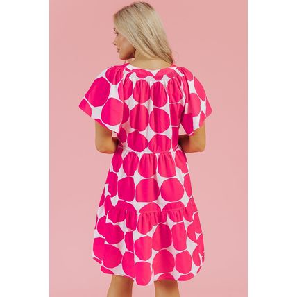 Rose Polka Dot Flutter Sleeve Notched Neck Tiered Flowy Dress