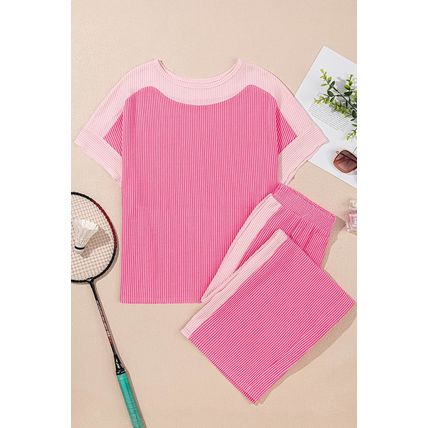 Sachet Pink 2-tone Colorblock Patchwork Corded 2pcs Outfit