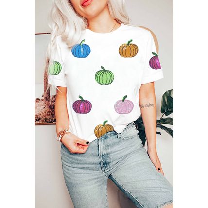 White Sequin Pumpkin Patched Cotton Blend T Shirt