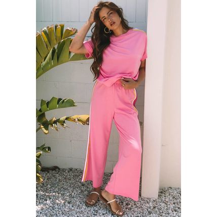 Bonbon Color Contrast Crewneck T Shirt and Wide Leg High Waist Pants Set
