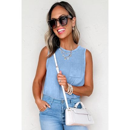 Beau Blue Mineral Wash Patched Chest Pocket Casual Tank Top