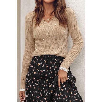 Smoke Gray Pearl Beaded Pointelle Knit V Neck Lace Patchwork Sleeve Sweater