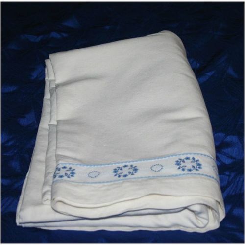 Vintage 1970 Blue White Embroidered Linen Sheet Size 82" X 126" French Rare