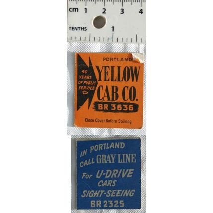 Matchbook front cover only Yellow Cab + Gray Line, Portland, OR, USA