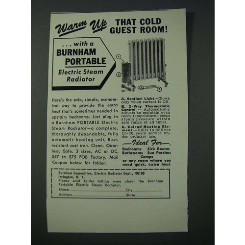 1948 Burnham Portable Electric Steam Radiator Ad - That Cold Guest Room