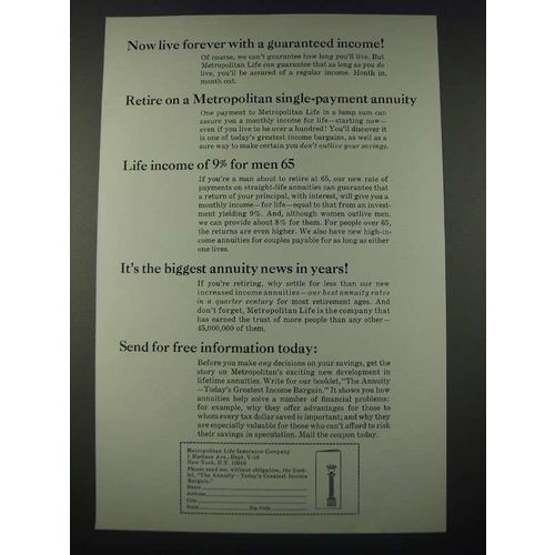 1965 Metropolitan Life Insurance Ad - Now Live Forever With Guaranteed Income