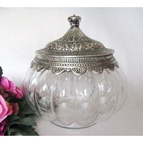 Glas Bonboniere, 25cm,Metalldeckel nostalgisch mit Bauernsilber verziert,Vorrats