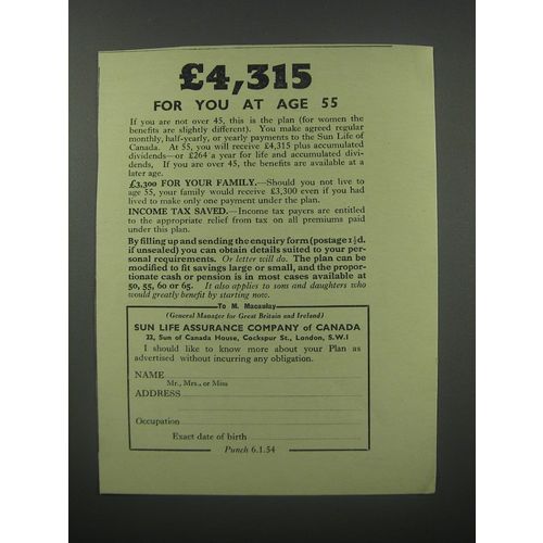 1954 Sun Life Assurance Company of Canada Ad - £4,315 for you at age 55