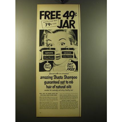 1950 Shasta Cream Shampoo Ad - Free 49¢ Jar